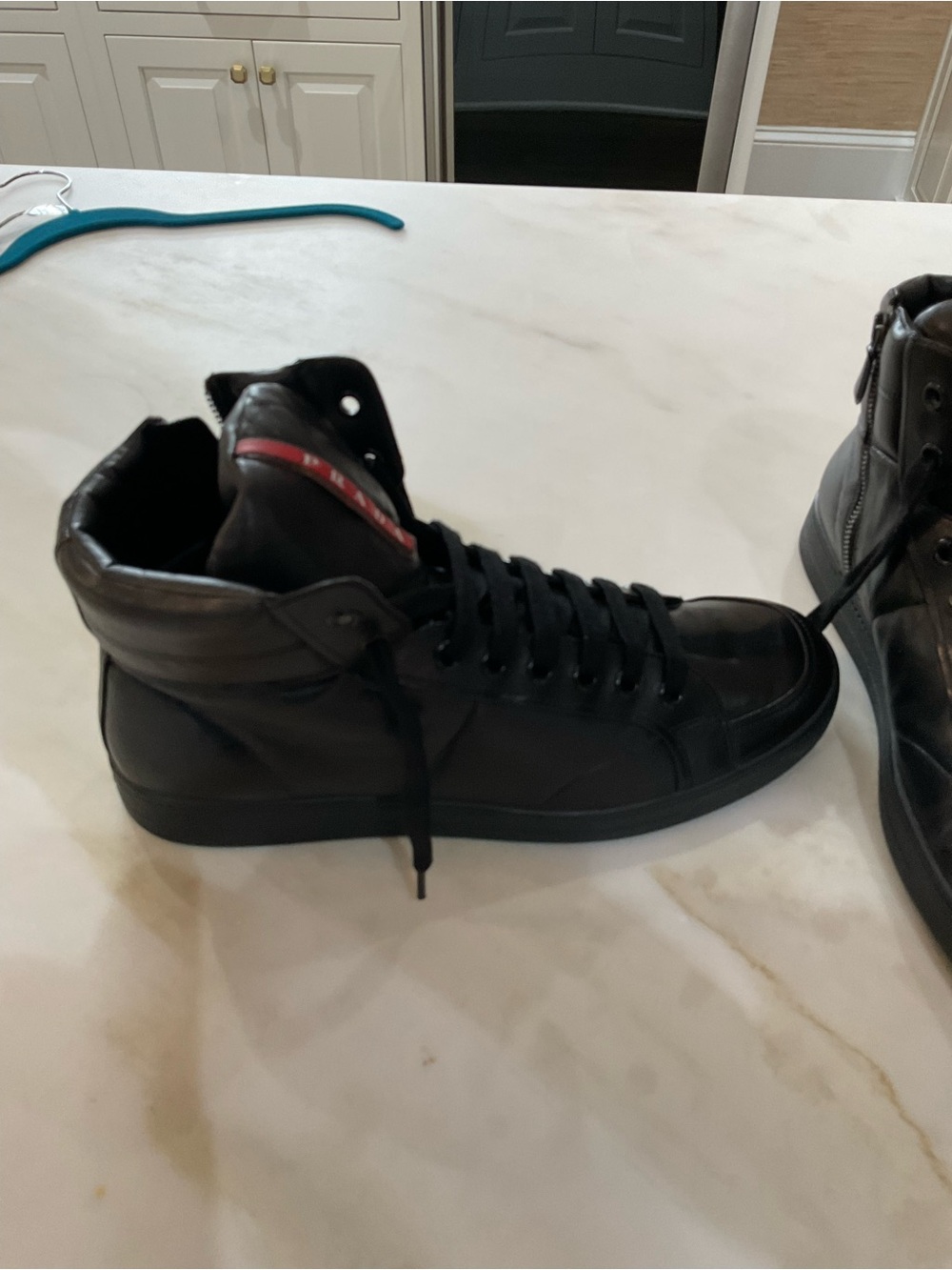 Prada Black High-Top Leather Sneakers with Red Logo Tape - Picture 7 of 8